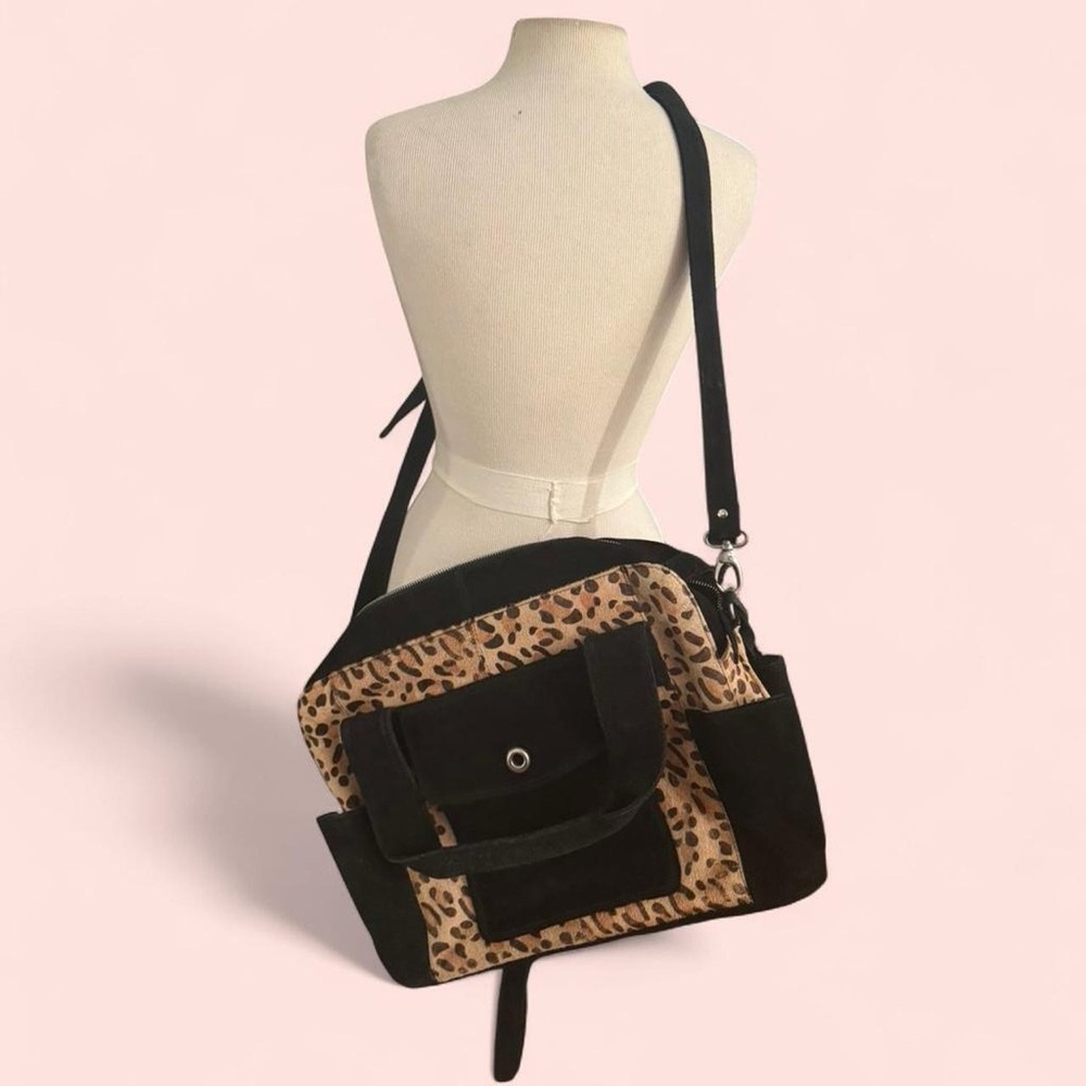 Y2K Vintage Leather Structured Leopard Print and Black Travel Shoulder Bag